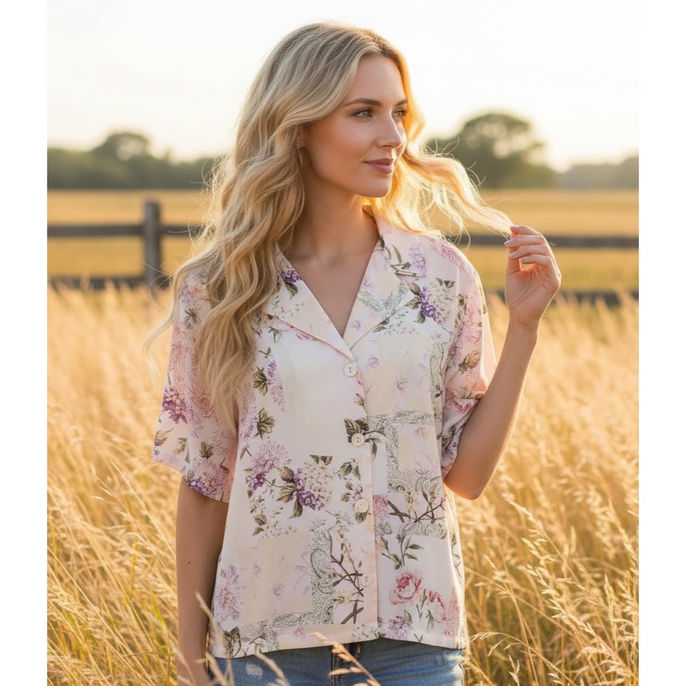 Alex & Lili Boxy Top Womens Pink Floral Cottage Boho 80s 90s Retro Flowy Size L